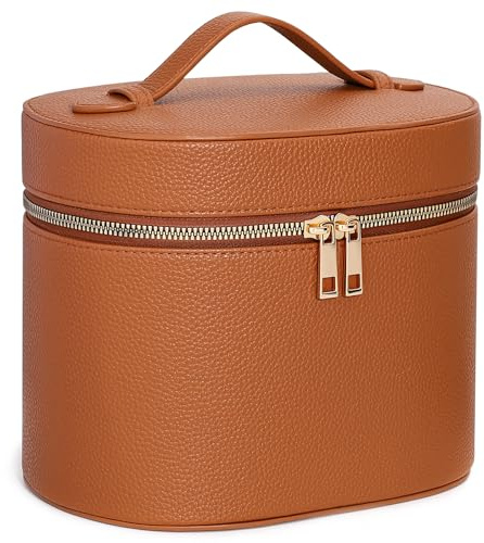 MaqSacion Makeup Bag Vanity Case for Women Leather Cosmetic Bag Makeup Organizer Case Portable Travel Toiletry Bag With Removable Compartments and Handle - Brown