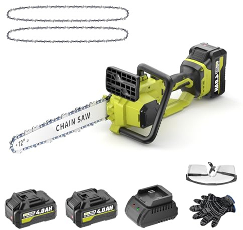 Cordless Chainsaw with 2 x 4.0Ah Batteries and 2 x Chains,12inch Electric Chain Saw Cordless with Tool-Free Chain Tension, Auto Oiling, Heavy-Duty for Tree Felling, Firewood Cutting, Pruning