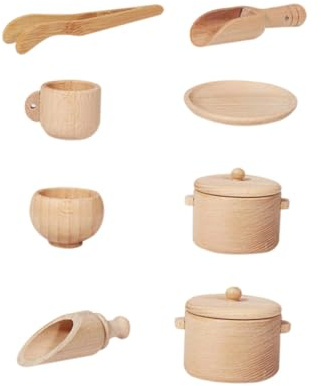 LALADEFIEE Ensemble De Vaisselle en Bois Jouet Cuisine Sensoriel pour Garçon Et Filles Petits 8 Pièces Naturel Bois Jeu D'imitation La Cuisine Développement Motricité Fine