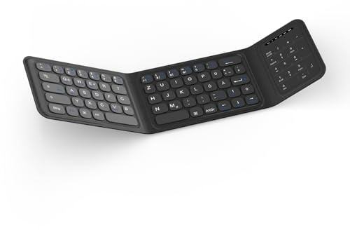 Bettdow Bluetooth Faltbare Tastatur mit Touchpad, QWERTZ Layout Kabellose Tragbare Mini Tastatur mit Ziffernblock, 3 Kanäle Klapptastatur für Windows/iOS/Android/Smartphones/Tablets/Laptops, Schwarz