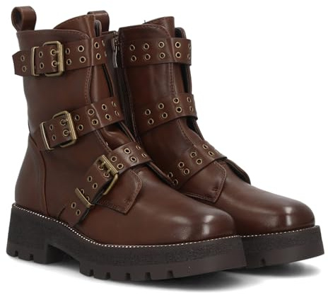 98312 Botines para mujer con suela de plataforma, adornado con multiples tiras decorativas con hebillas y tachuelas metalicas, con cierre de cremallera. Ideal para Otono Invierno. Marron Talla 36