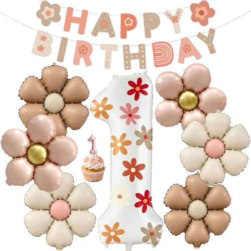 11 Stück Geburtstagsdeko 1 Jahr Mädchen,Gänseblümchen Deko 1 Geburtstag,Gänseblümchen Ballon,Helium Ballon Blume,Gänseblümchen Geburtstagskerzen Zahlen 1,Feen Deko für Geburtstag Jubiläum Motto Party