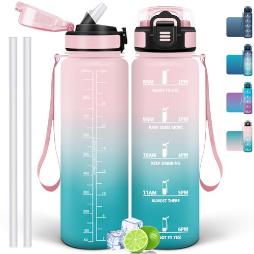 Mulbijeo Borraccia 1000 ML, Borraccia da Palestra senza BPA con Indicatore di Tempo, Borraccia Sportiva Motivazionale in Plastica, con Cannuccia