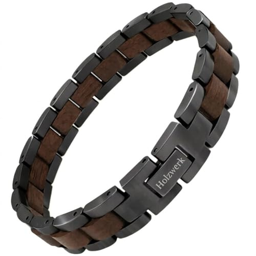 Holzwerk JUESSEE Natur Holz Armband für Damen und Herren Holzarmband Herrenarmband Damenarmband Braun Schwarz Walnuss Einstellbar inkl. Armbandkürzer und Aufbewahrungsbox (Schwarz-Anthrazit)