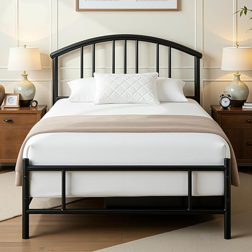 VECELO Cadre de Lit en Métal 90x190 cm avec Tête de Lit Décorative Incurvée, Sommier à Lattes Renforcées, Espace de Rangement de 32 cm, Assemblage Facile, Noir