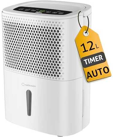 Turbionaire Smart 12 Eco Deumidificatore Casa Muffa, 12L/ 24h, Adatto fino a 20㎡, Filtro Lavabile, Ruote Piroettanti, Filtro antipolvere, Igrostato Incorporato, Poco rumoroso, Doppio drenaggio