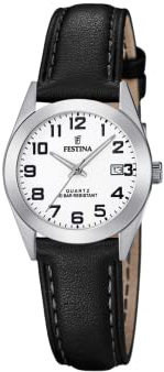 Festina Damenuhr Analog aus Edelstahl und Leder Schwarz | Quarzwerk, Widerstandsfähiges Mineralglas, Wasserdicht 10 ATM und Kalender F20447/1