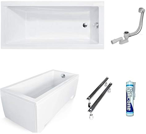 ECOLAM Badewanne Modern 160x70 cm Schürze | Acrylwanne Rechteck | Wanne Design | Komplett-Set Ablaufgarnitur Ab- und Überlauf Automatik Füße + Silikon Acryl weiß