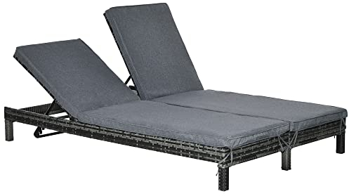 Outsunny Polyrattan Doppelliege Sonnenliege Gartenliege für 2 Personen Relaxliege Luxus Lounge 5-stufige Rückenlehne Metall PE Rattan Grau 196 x 120 x 28 cm