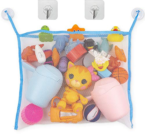 Organizzatore per Giocattoli per Vasca da Bagno e Doccia, Rete per Giochi da Bagno per Bambini, Sacca a Rete Portaoggetti da Appendere, Effetto Antimuffa, Poliestere, 2 ganci ventosa + 2 Ganci Adesivi