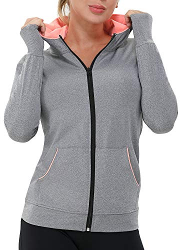 AMZSPORT Chaqueta Deportiva Mujer, Sudadera Capucha Running Cremallera con Agujeros para los Pulgares Gris XL