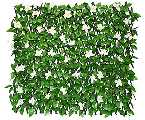 GLANT Erweiterbarer Zaun Sichtschutz für Balkon Terrasse Outdoor, dekoratives künstliches Efeu-Zaun, künstliche Hecken (einseitige Blätter) (2, grüne Blumen)