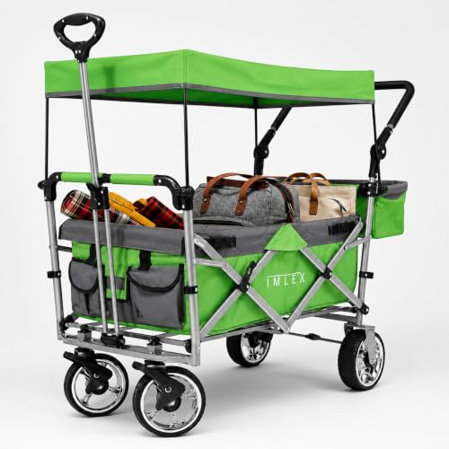 IMLEX XXL Bollerwagen faltbar mit Dach, breite verchromte Räder, Schiebegriff und Zugstange, 3-Punkt-Gurtsystem, Bremsen, klappbare Hecktasche, Taschen und Schutzhülle IM-4268 Grün
