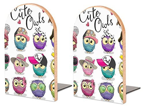Packung Mit 2 Buchstützen Pelziges Eulen-Team Rutschfester Bücherständer Aus Holz Bücherregal Bücherhalter Für Home Desk Office Library