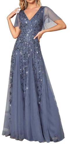 Ever-Pretty Vestiti da Cerimonia Linea ad A Scollo a V per Cerimonia Sera Damigella Lungo con Paillettes Donna EE00736