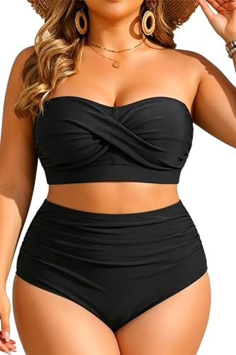 Yonique Zweiteiliger Damen-Badeanzug, Übergröße, hohe Taille, Bandeau-Bikini, Bauchweg-Badeanzug, Schwarz, 18 Plus