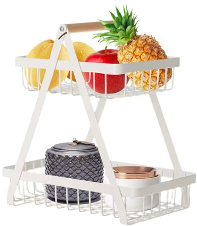 Porta Frutta A 2 Piani Da Tavolo, Portafrutta A Ripiani, Portafrutta 2 Piani Metallo, Fruttiera in Metallo, Moderno Porta Frutta E Verdura Con Cesto Per Cucina(Bianco)