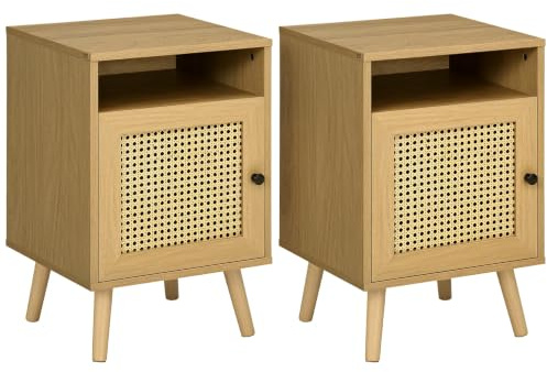 HOMCOM 2er Set Nachttische für Schlafzimmer, 2 kleine Nachttische aus Holz, Boho-Stil, mit Schrank und offenem Regal, für Schlafzimmer, Wohnzimmer, 39x35x60 cm, Farbe Holz