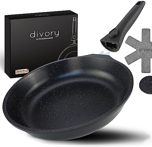 DIVORY grande poêle 32cm I Poignée amovible, induction, revêtu, aluminium - Grande poêle à frire + protège-poêle - Poêle à induction