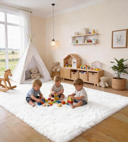 VOFUSHON Mattor vardagsrum stor lugg lång lugg matta rum sovrum tvättbar lång luggmatta för vardagsrum eller sovrum, fluffig matta, sängmatta (200 x 300 cm, ren vit)