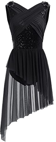 Odizli Damen Ärmellos U-Rücken Glitzer Pailletten Blume Ballett Body Asymmetrischer Tüllkleid Ballettkleid Tanzkleid
