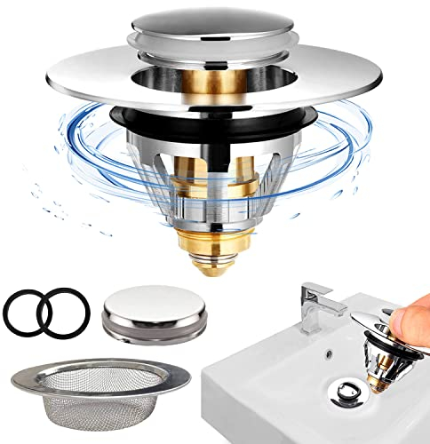 Tappo Lavandino Bagno Universale Per Lavabo Con Filtro Per Lavabo a Scomparsa Per Foro Di Scarico Del Lavabo Da 34-38 mm (Argento, Set Di 1)
