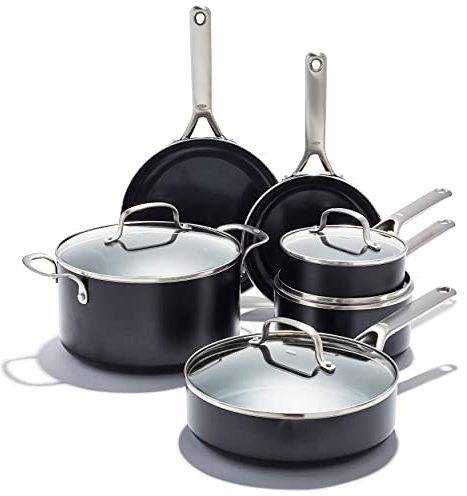 OXO Agility Series 10 Piece Cookware Pots and Pans Set, Ceramic Nonstick PFAS-Free, Induction, Skillets,Saucepans,Lids,Even Heating,Stainless Steel Handles,Chip-Free Rims,Dishwasher & Oven Safe,Black