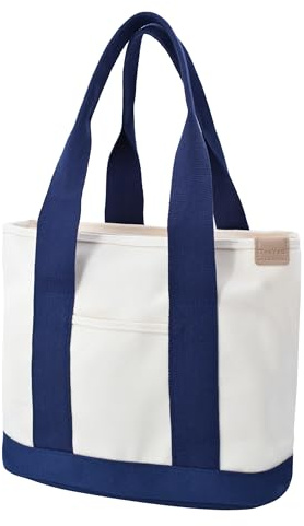 TeeYee Damen Mittelgroß Handtasche Canvas Satchel Tote Bag Schultertasche Patchwork Design Shopper für Bücher Alltag Arbeit BlauWeiß