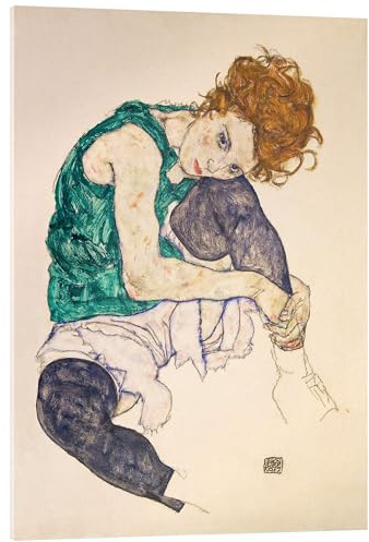 Posterlounge Sitzende Frau mit hochgezogenem Knie Acrylglasbild | 50 x 70 cm von Egon Schiele Beige Wandbilder Wanddeko