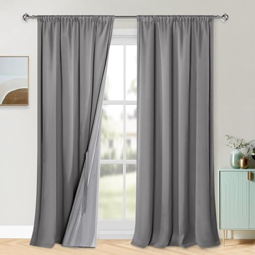 XWZO 100% Blickdichte Vorhänge Wohnzimmer, Vorhänge mit Kräuselband, Gardinen Schlafzimmer, Doppellagige Dicke Verdunklungsvorhänge Thermovorhang Kälteschutz, 260x140 cm(HxB) Grau 2er Set