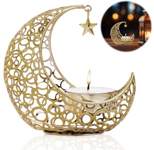 GAROMIA Teelichthalter Moon Ramadan Deko Kerzenständer Mondform Gold Windlicht Laterne Tischdeko Teelichthalter Metall für Ramadan Hochzeit Wohnzimmer Modern Goldene Deko