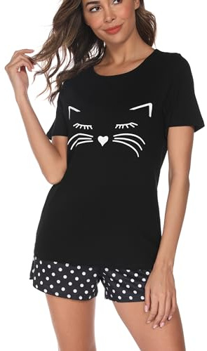 Reliwel Pyjamas Kvinnor Kort Pyjamas Tvådelad Pyjamas Set Pyjamas Sommar Bomull Söt Katt Pyjamas Sovkläder Alla Säsonger, Svart-a, S