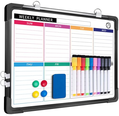 ARCOBIS Whiteboard veckoplanerare magnetisk, liten 40 x 30 cm magnettavla whiteboard kalender, vägg hängande dubbelsidig tavla för planering, att göra lista, rita, skola, hem (svart ram)