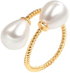 IMINI Elegante Perle Gold Twists Wrap Open Ringe Doppelte Perlen Dünn Hochzeit Stapelring Verstellbar Ausziehbar Statement Jahrestag Weihnachten Urlaub Geschenke Versprechen Liebe für Frauen Mädchen,