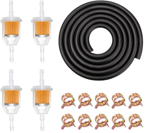 ROSYLEVE bensinslangsats 2 meter bränsleledning Ø 5 mm innerdiameter bränsleslang med 10 stycken slangklämmor och 4 bensinfilter för bil motorcykel skoter