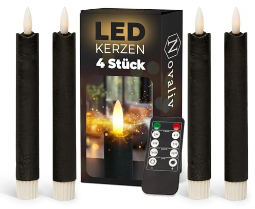 Novaliv Stabkerzen LED mit Timer SCHWARZ 4 Stück indoor 6 Stunden - ECHTWACHS 18cm Höhe für Kerzen 2,2cm Durchmesser 2 AAA Batterien notwendig LED Stabkerzen flackernde Flamme bewegliche Flamme Licht