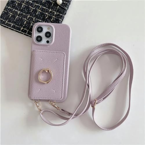 SMIEK Crossbody-Lanyard-Leder-Handyhülle für iPhone 15 14 Plus 13 12 Mini 11 Pro Max Ring-Geldbörse mit Kartenhalter Stoßfeste Hülle, Lila, Für iPhone 13
