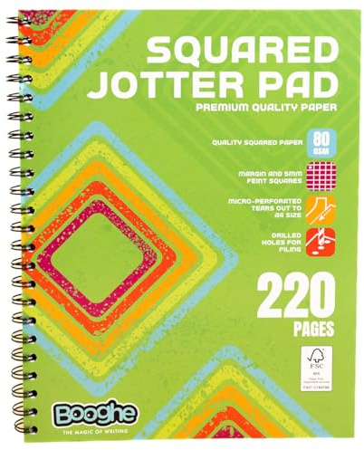 Booghe Jotta-Notizblock, A4, kariert, Spiralbindung, mit hochwertigem Schreibpapier, 220 Seiten, hochwertiges weißes 80 g/m² kariertes Papier, 4-Loch-Ränder und perforierte Kanten, ideal für
