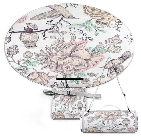 SEEKJOYS Runde Picknickdecke mit Vintage-Blumen und Vögeln, mit Tragegurt, faltbar, tragbar, 3-lagig, wasserdicht, Stranddecke für Outdoor, Camping, Sommer, Strandmatte, 152,4 cm Durchmesser