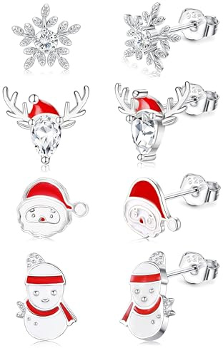Diamday 4Paar Silber 925 Ohrringe Weihnachten Damen Mädchen Weihnachtsohrringe Kinder Silber Ohrstecker Weihnachten Set Schneeflocken Weihnachtsbaum Ohrringe Hypoallergen Schmuck Weihnachten Geschenke