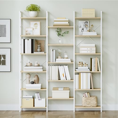 Hzuaneri Bücherregal 6 Etagen 17 Fächer, 24 x 152 x 186 cm, Eiche-Weiß | Standregal verstellbarer Abstand, Tragfähigkeit 340 kg, für Wohnzimmer Büro, BC10116W