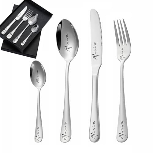 custyoulife Custom Engraved Cutlery Set, 1 Set of 4 Pieces, Stainless Steel, Personalized Adult Cutlery Set, Fork, Knife, Spoon and Teaspoon (Silver)