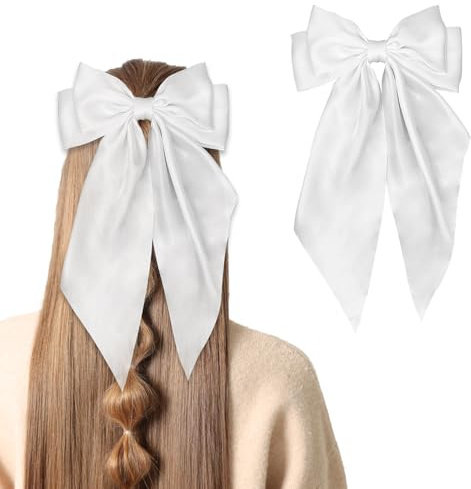 Haarschleife, Haarspange mit Schleife, Haarschleifen für Frauen, große Haarnadel mit Schleife, französische Haarspangen mit langem Band, Haarspangenclips, Haarschleifen (reinweiß)
