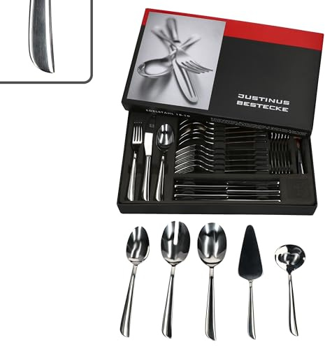Justinus Twist 35tlg Komplett-Besteck-Set inkl Anlegeteile I für 6 Personen I mit geschwungenem Griff I 18/10 Edelstahl & Klingenstahl I Gabel, Messer & Löffel I für Gastro & Zuhause