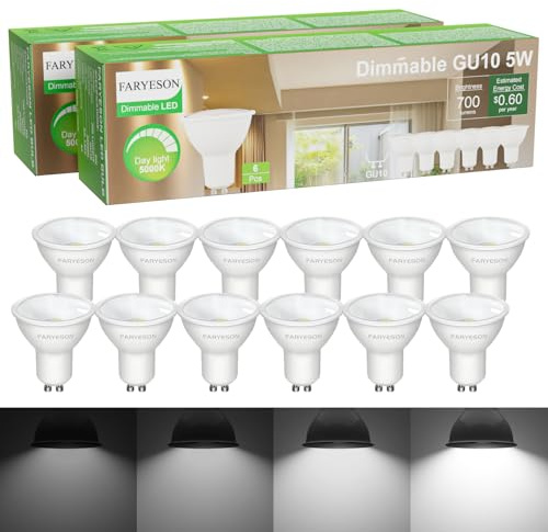 faryeson Dimmable GU10 LED Light Bulbs - 5W, Daylight White (5000K), 700 Lumens, Wide 110° Flood Beam, Great for Recessed and Track Lighting in Kitchens, Living Rooms, and Bedrooms, 12-Pack