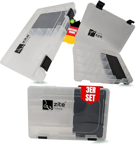 Zite Fishing Köderbox Angeln Set für Jigs & Kunstköder 3 STK | Flache Sortierbox mit EVA-Schaumeinlage | 4 Längsfächer & 1 Hauptfach, 27,5 x 18,5 x 4,5cm, Angelbox Jighaken Tackle Box Angeln Angel Box