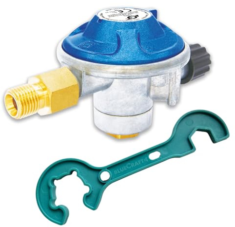 Bluecraft Gasdruckregler 50 mbar für Schraubkartuschen inkl. Schlüssel | für Gasgrill, Camping Gaskocher