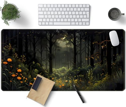 Tapis de souris motif forêt sombre, vert nature, XXL, grand tapis de souris esthétique étendu, tapis de souris de jeu, grand clavier d'ordinateur portable et tapis de souris pour femme, décoration de