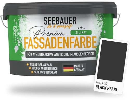 SEEBAUER diy Silikat-Fassadenfarbe Schwarz 10L für Außen (No. 100 Black Pearl) Atmungsaktive Mineralfarbe für Fassaden - Geeignet für Putz, Mauerwerk und Beton