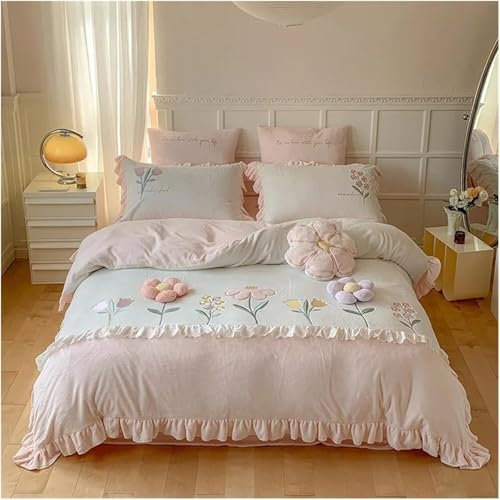 CWZZWS Ropa de Cama de Franela de 4 Piezas Cubierta de colchas de Almohada de Almohada Bordado otoño Invernal edredón Tibio Ropa de Cama Gruesa 4 Piezas, Juego de Ropa de Cama (220x240cm)